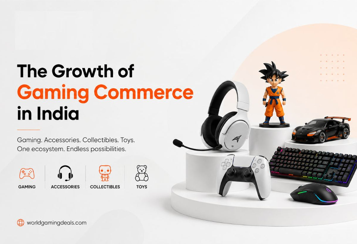 Gaming commerce in India featuring gaming accessories, a headset, controller, keyboard, collectible figure, toy car and mouse.