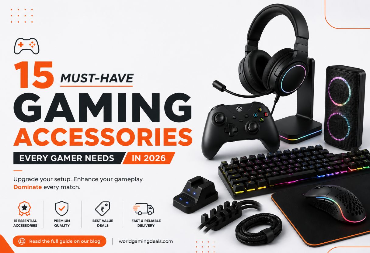 15 must-have gaming accessories every gamer needs in 2026, featuring a gaming headset, controller, keyboard, mouse, speakers, charging dock, and other essential gaming gear.