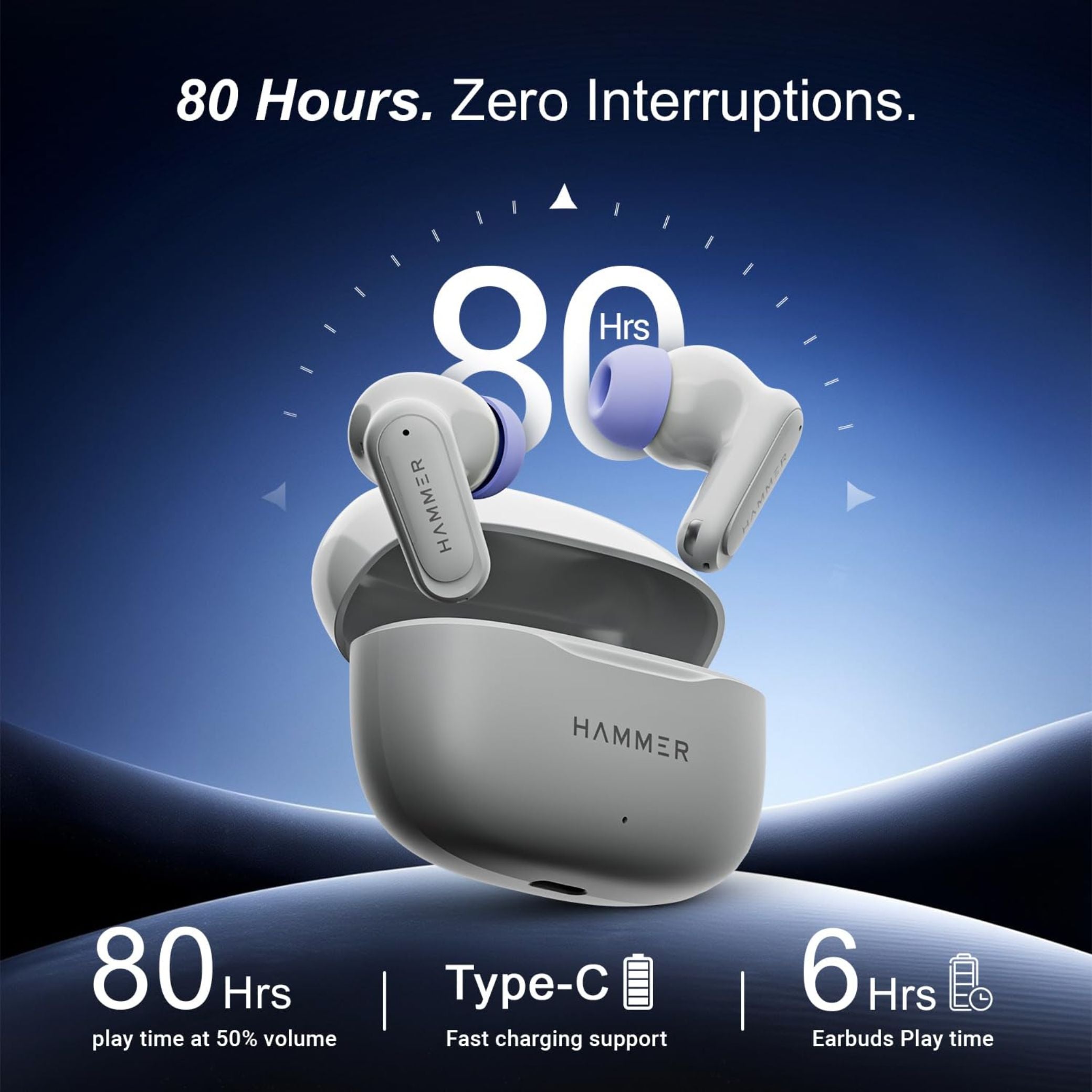 HAMMER Airflow Neo TWS Earbuds, 80H Playtime, 13mm Drivers, Grey