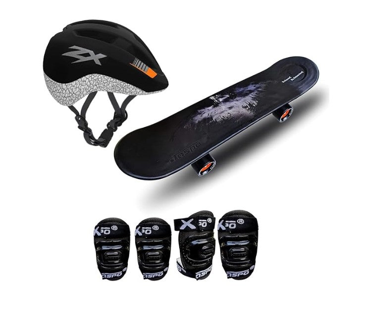 Jaspo Vinyl Power Kids Fiber Skateboard (26 × 6 Inches) with Helmet, Knee & Elbow Guards | Beginner Skateboard Set for Boys & Girls (6+ Years) – Black