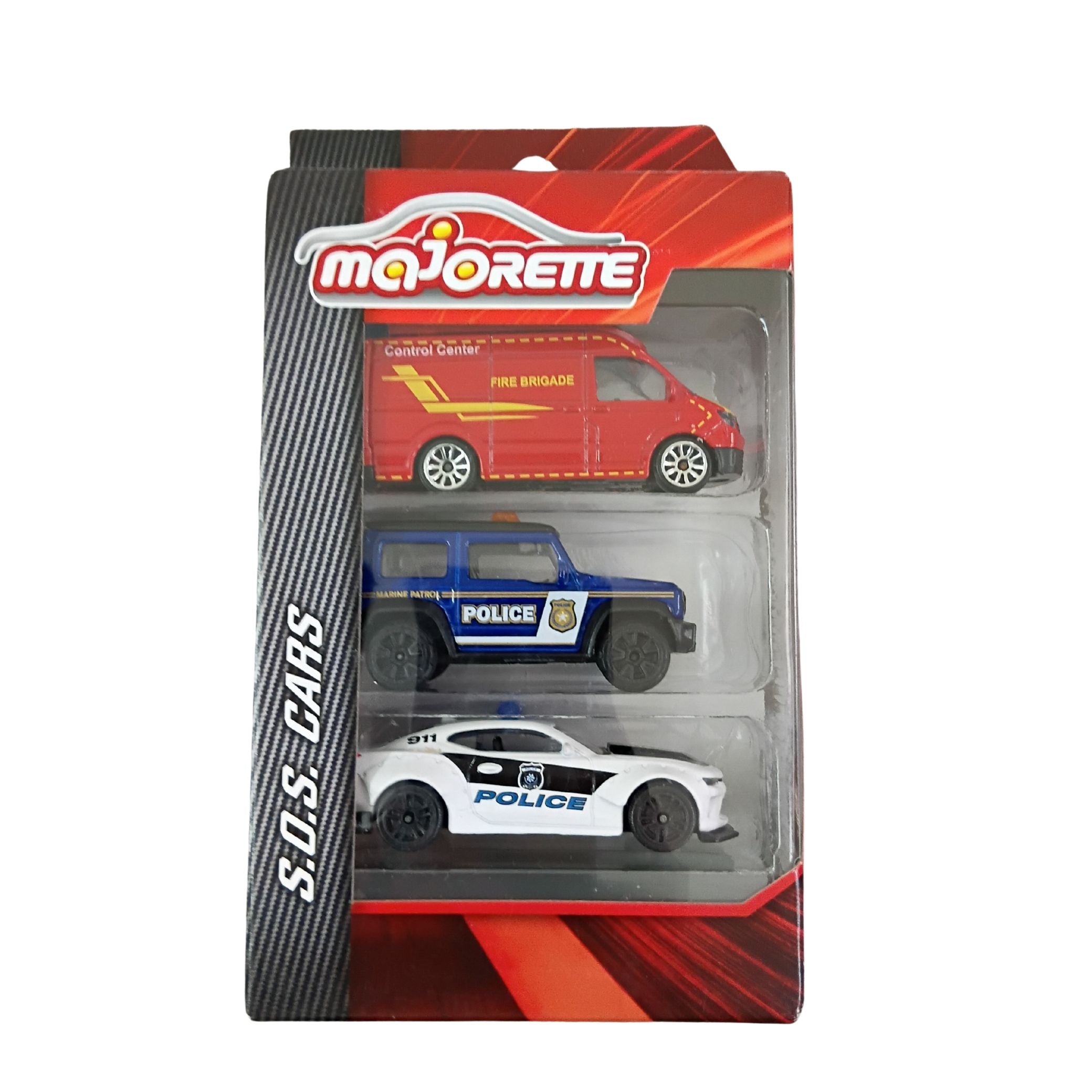 Majorette SOS Cars Die-Cast Toy Vehicle Set | Fire Brigade Van, Police SUV & Police Sports Car | 3-Pack Emergency Cars for Kids