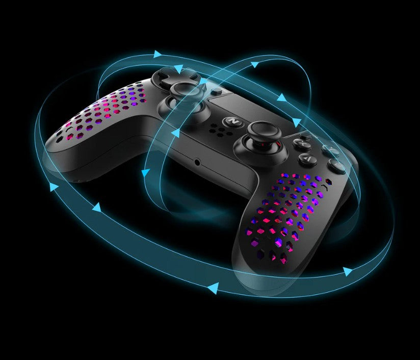 NiTHO Hexagon Wireless RGB Controller for PS4, PS5 (PS4 games only), PC, Android, and iOS, featuring RGB LED lighting, vibration feedback, 6-axis motion control, touchpad, responsive trigger buttons, and a built-in speaker.
