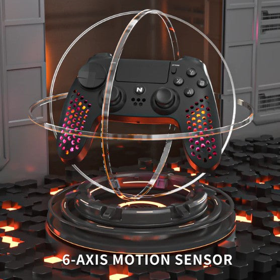 NiTHO Hexagon Wireless RGB Controller for PS4, PS5 (PS4 games only), PC, Android, and iOS, featuring RGB LED lighting, vibration feedback, 6-axis motion control, touchpad, responsive trigger buttons, and a built-in speaker.