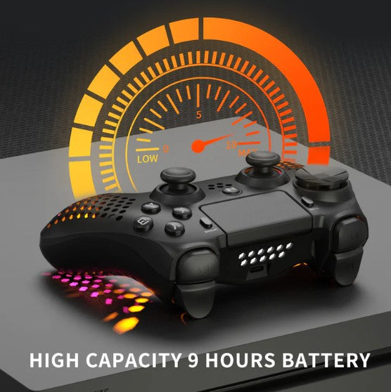 NiTHO Hexagon Wireless RGB Controller for PS4, PS5 (PS4 games only), PC, Android, and iOS, featuring RGB LED lighting, vibration feedback, 6-axis motion control, touchpad, responsive trigger buttons, and a built-in speaker.
