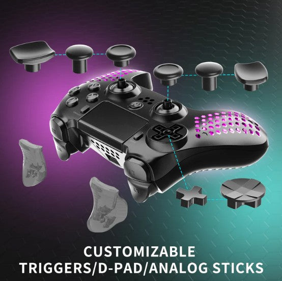 NiTHO Hexagon Wireless RGB Controller for PS4, PS5 (PS4 games only), PC, Android, and iOS, featuring RGB LED lighting, vibration feedback, 6-axis motion control, touchpad, responsive trigger buttons, and a built-in speaker.