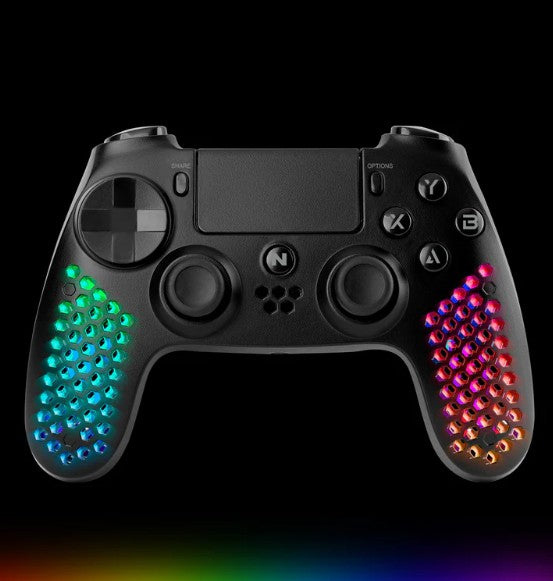 NiTHO Hexagon Wireless RGB Controller for PS4, PS5 (PS4 games only), PC, Android, and iOS, featuring RGB LED lighting, vibration feedback, 6-axis motion control, touchpad, responsive trigger buttons, and a built-in speaker.