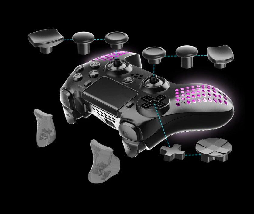 NiTHO Hexagon Wireless RGB Controller for PS4, PS5 (PS4 games only), PC, Android, and iOS, featuring RGB LED lighting, vibration feedback, 6-axis motion control, touchpad, responsive trigger buttons, and a built-in speaker.