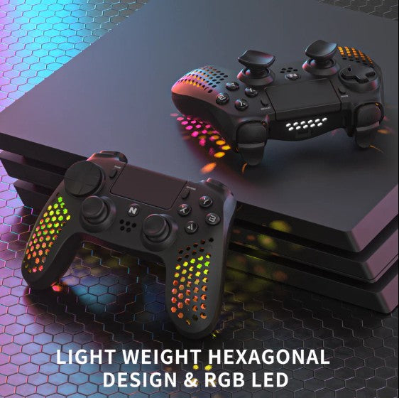 NiTHO Hexagon Wireless RGB Controller for PS4, PS5 (PS4 games only), PC, Android, and iOS, featuring RGB LED lighting, vibration feedback, 6-axis motion control, touchpad, responsive trigger buttons, and a built-in speaker.