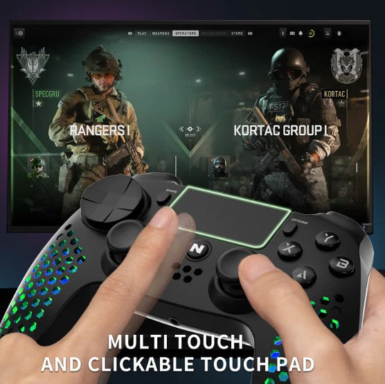 NiTHO Hexagon Wireless RGB Controller for PS4, PS5 (PS4 games only), PC, Android, and iOS, featuring RGB LED lighting, vibration feedback, 6-axis motion control, touchpad, responsive trigger buttons, and a built-in speaker.