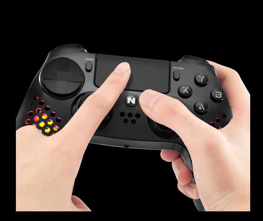 NiTHO Hexagon Wireless RGB Controller for PS4, PS5 (PS4 games only), PC, Android, and iOS, featuring RGB LED lighting, vibration feedback, 6-axis motion control, touchpad, responsive trigger buttons, and a built-in speaker.