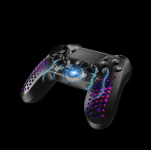 NiTHO Hexagon Wireless RGB Controller for PS4, PS5 (PS4 games only), PC, Android, and iOS, featuring RGB LED lighting, vibration feedback, 6-axis motion control, touchpad, responsive trigger buttons, and a built-in speaker.