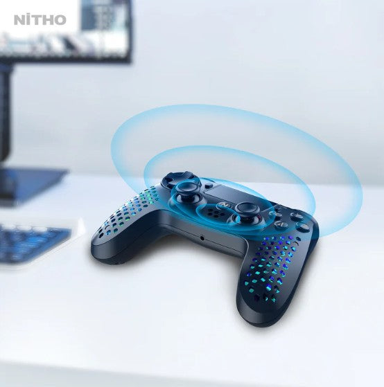 NiTHO Hexagon Wireless RGB Controller for PS4, PS5 (PS4 games only), PC, Android, and iOS, featuring RGB LED lighting, vibration feedback, 6-axis motion control, touchpad, responsive trigger buttons, and a built-in speaker.