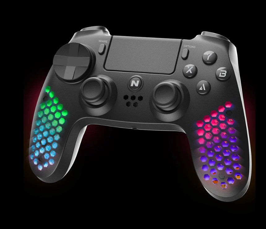 NiTHO Hexagon Wireless RGB Controller for PS4, PS5 (PS4 games only), PC, Android, and iOS, featuring RGB LED lighting, vibration feedback, 6-axis motion control, touchpad, responsive trigger buttons, and a built-in speaker.