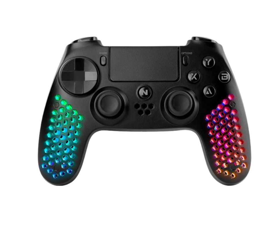 NiTHO Hexagon Wireless RGB Controller for PS4, PS5 (PS4 games only), PC, Android, and iOS, featuring RGB LED lighting, vibration feedback, 6-axis motion control, touchpad, responsive trigger buttons, and a built-in speaker.