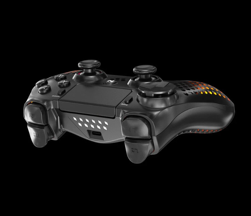 NiTHO Hexagon Wireless RGB Controller for PS4, PS5 (PS4 games only), PC, Android, and iOS, featuring RGB LED lighting, vibration feedback, 6-axis motion control, touchpad, responsive trigger buttons, and a built-in speaker.