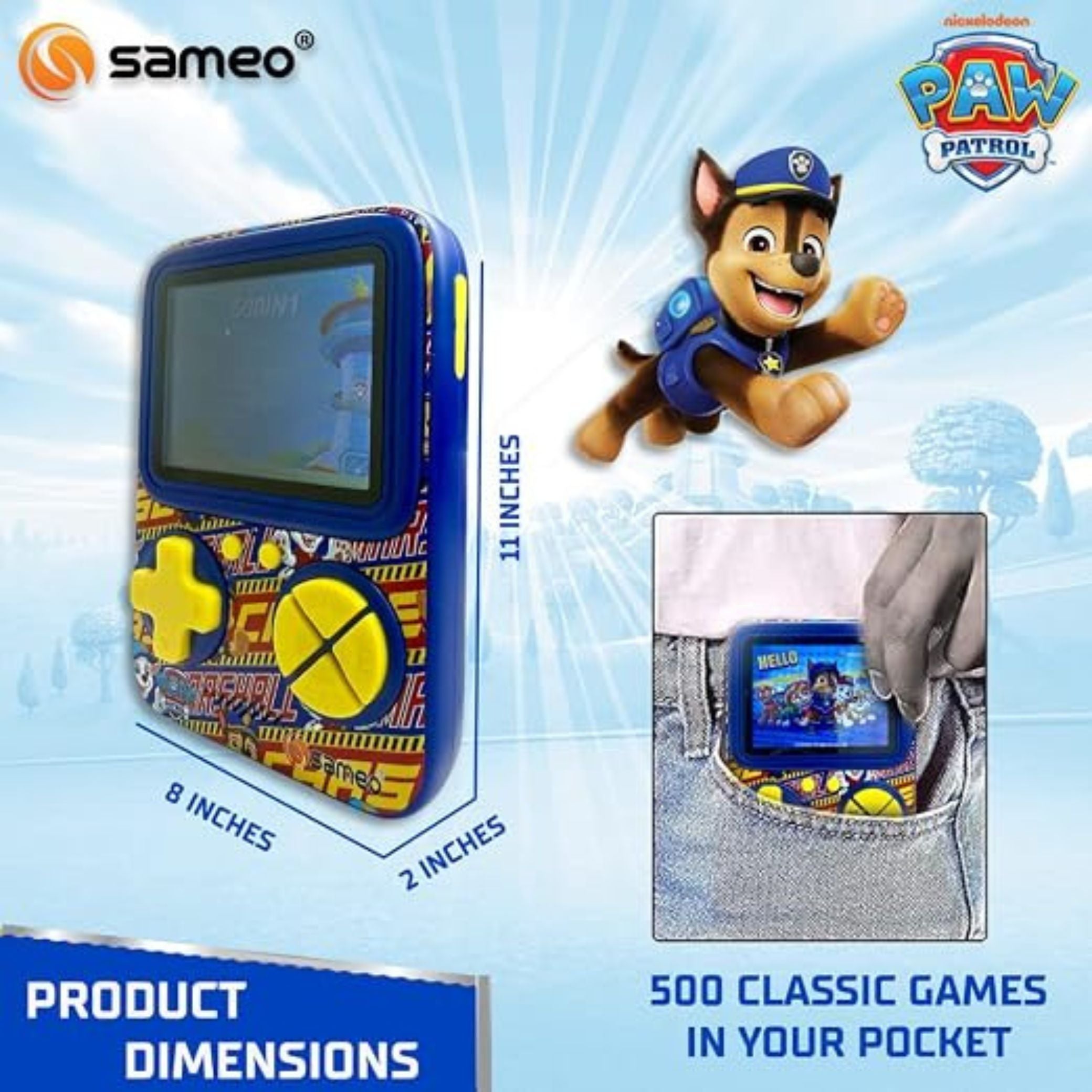 Sameo SG3000 Paw Patrol Handheld Game Console, 500 Retro Games, TV Compatible – Chase Blue