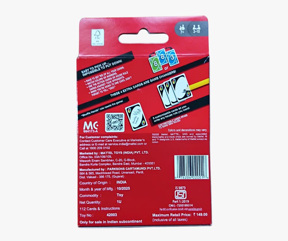 Mattel Uno Playing Card Game for 7 Yrs and Above for Adult,Set of 112 Cards, Multicolor